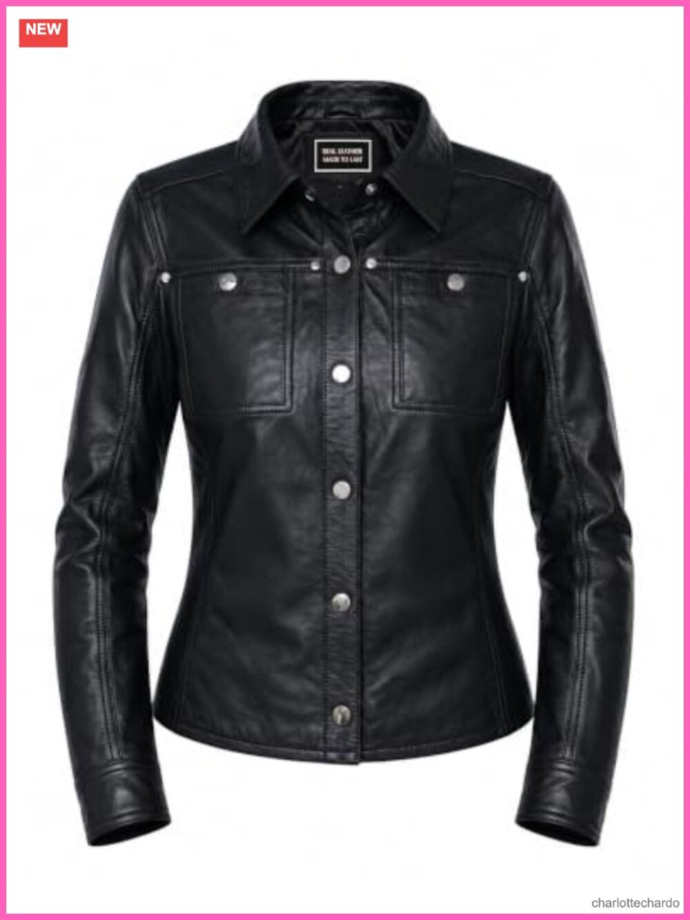 Lambskin Leather Jacket Shacket Button Front Long Sleeve Bust Pocket